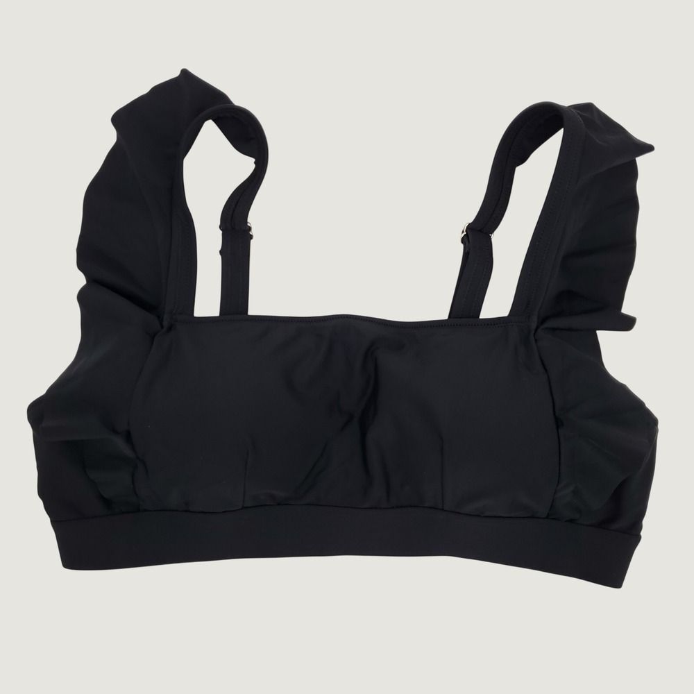 Kate Kasin Ruffle Strap Bikini Swim Top Large Black Square Neck Ruched Stretch